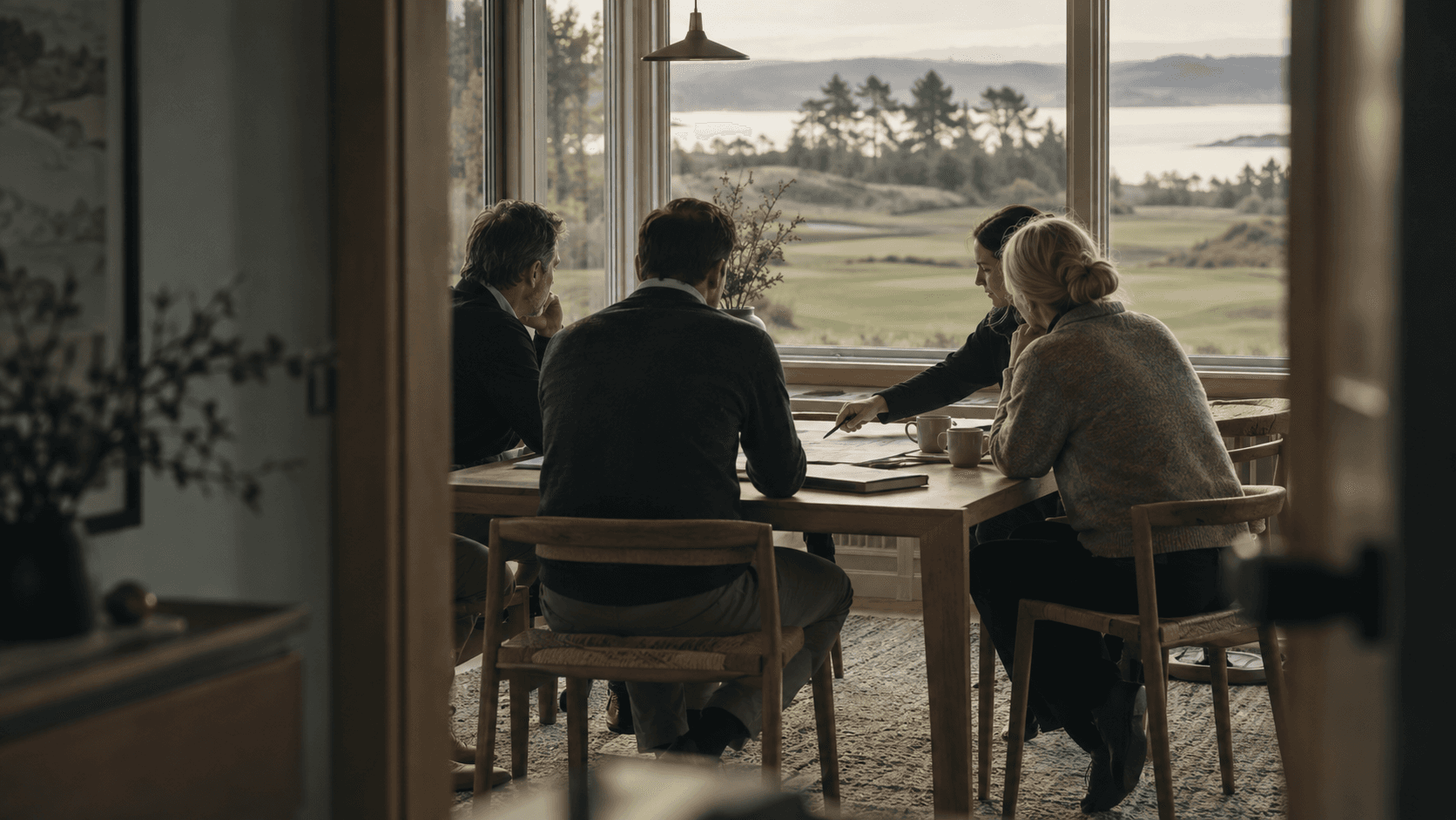 Four people around a table reviewing printed reports, with the course and the water beyond the window.